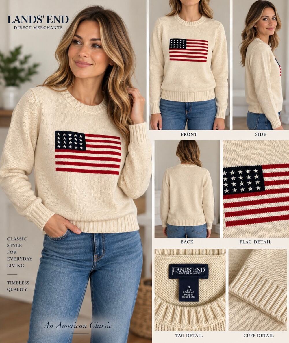 Lands’ End American Flag Crewneck Sweater – Women’s Small 6–8